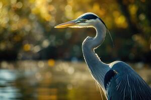 ai generado genial azul garza por el lago foto