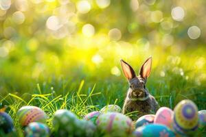 AI generated Colourful Easter eggs and a bunny in the grass. Happy Easter background. photo