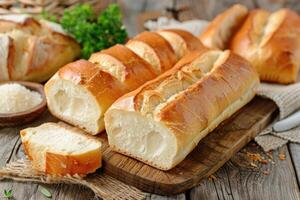 AI generated Chopped loaves of freshly baked french baguette bread on wooden table. photo