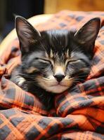 A small black and white kitten is peacefully sleeping on a soft blanket, curled up in a cozy ball. The adorable feline is completely relaxed, with its eyes closed and paws tucked under its body. photo