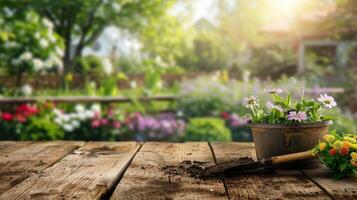 AI generated An empty wooden table top and springtime flowers potted and a shovel filled with soil put on a garden table. Space for product display. photo