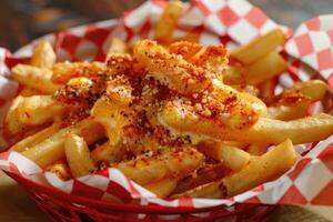 AI generated Crispy golden French fries topped with gooey cheese and sprinkled with spicy paprika. photo