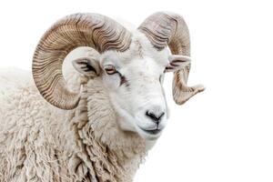 AI generated Portrait of a majestic ram with large horns isolated on white background photo