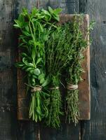 AI generated Bunch of garden fresh herbs on wooden board from above. photo