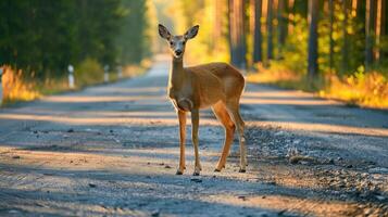 AI generated Roe deer standing on the road near forest. Road hazards, wildlife and transport. photo