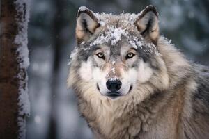 ai generado retrato de un nieve montaña lobo foto