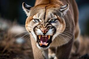 ai generado rugido Puma o montaña león caza sus presa foto