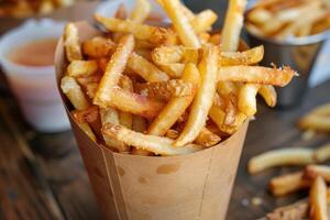 AI generated Crispy golden french fries in paper cone photo