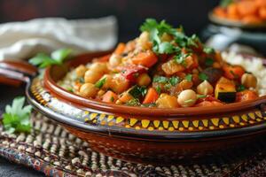 AI generated Vegetable tagine with almond and chickpea couscous. photo