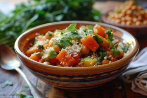 AI generated Vegetable tagine with almond and chickpea couscous. photo