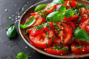 AI generated Fresh tomato salad with basil for a healthy diet. photo