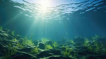 AI generated Underwater sunlight piercing through ocean surface photo