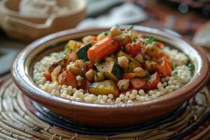 ai generado vegetal tagine con almendra y garbanzo cuscús. foto