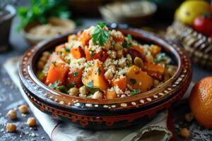 AI generated Vegetable tagine with almond and chickpea couscous. photo