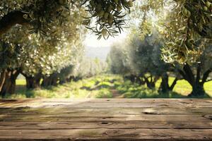 AI generated Old wooden table for product display with natural green olive field and green olives photo