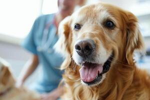 ai generado contento perro a veterinario clínica con médico en antecedentes foto