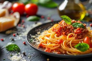 AI generated Italian pasta on plate. Spaghetti Bolognese photo