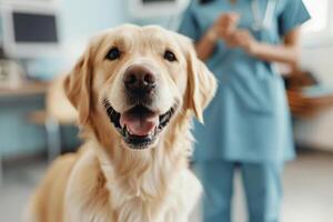 AI generated Happy Dog at Vet Clinic With Doctor in Background photo