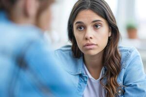ai generado mujer a del psicólogo cita negociaciones acerca de su mental problemas foto