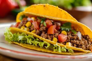 AI generated Mexican tacos with meat and fresh vegetables photo