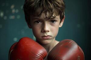 AI generated Skinny boy in boxing gloves looks at the camera photo