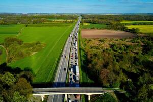 Traffic jam on highway A4 in Poland, aerial view photo