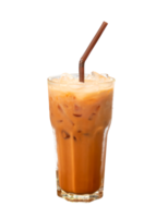 Front view of cold orange Thai tea with condensed milk and ice isolated with clipping path in png file format