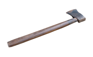 Old rust dirty dark gray axe with brown wooden handle isolated with clipping path in png file format