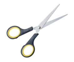 Top view of a pair of small multipurpose scissors with black handle isolated with clipping path in png file format