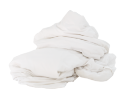 Front view of white crumpled blanket or bedclothes ball in hotel room leaved untidy and dirty after guest's use over night isolated with clipping path in png file format