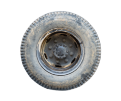 Side view of single big old dirty wheel isolated with clipping path in png file format