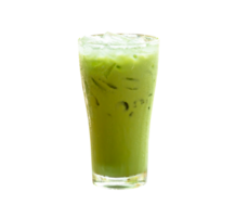 Front view of iced matcha green tea with condensed milk in transparent glass isolated with clipping path in png file format