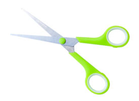Top view of a pair of multipurpose scissors with green handle isolated with clipping path in png file format