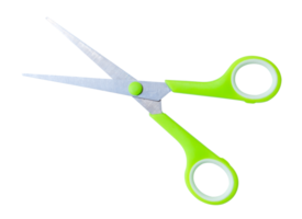 Top view of a pair of multipurpose scissors with green handle isolated with clipping path in png file format