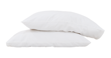 Front view of white pillows in stack with cases after guest's use in hotel or resort room isolated with clipping path in png file format.  Concept of comfortable and happy sleep in daily life