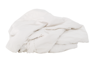 White crumpled blanket or bedclothes in hotel room leaved untidy and dirty after guest's use over night isolated with clipping path in png file format