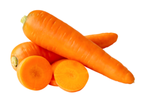 Front view of beautiful orange carrots with slices in stack isolated with clipping path in png file format