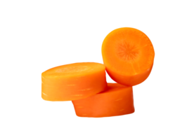 Front view of beautiful orange carrot slices in stack isolated  with clipping path in png file format