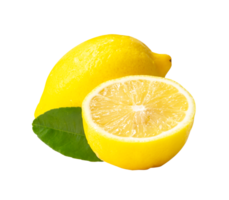 Front view of yellow lemon fruit with half and leaf isolated with clipping path in png file format