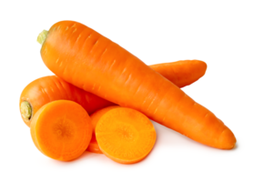 Front view of beautiful orange carrots with slices in stack isolated with clipping path and shadow in png file format