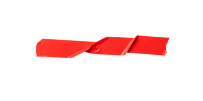 Top view of single wrinkled or crumpled red adhesive tape or cloth tape stripe isolated with clipping path in png file format