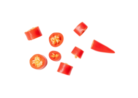 Top view of colorful red chili pepper slices or pieces in set isolated with clipping path in png file format