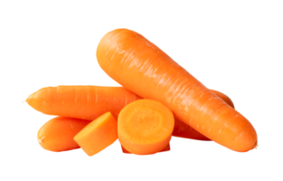 Front view or side view of beautiful fresh orange carrot roots with slices in stack isolated with clipping path in png file format