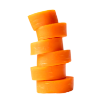 Front view or side view of beautiful fresh orange carrot roots in slices shape in stack isolated with clipping path in png file format