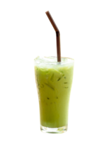 Front view of Iced matcha green tea with condensed milk and black straw in transparent glass isolated with clipping path in png file format