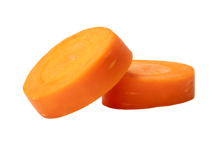 Front view of beautiful orange carrot slices in stack isolated  with clipping path in png file format