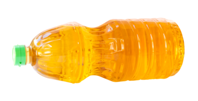 Yellow cooking palm oil or vegetable oil in lying medium transparent plastic bottle isolated with clipping path in png file format