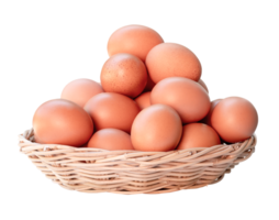 Front view of fresh chicken eggs in woven bamboo basket isolated with clipping path in png file format