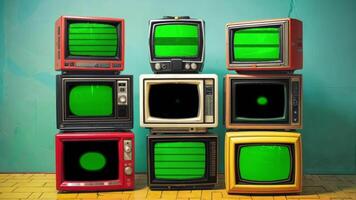 klassisk TV-apparater med grön skärm effekt på en kricka vägg video