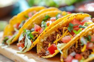 AI generated Mexican tacos with meat and fresh vegetables photo